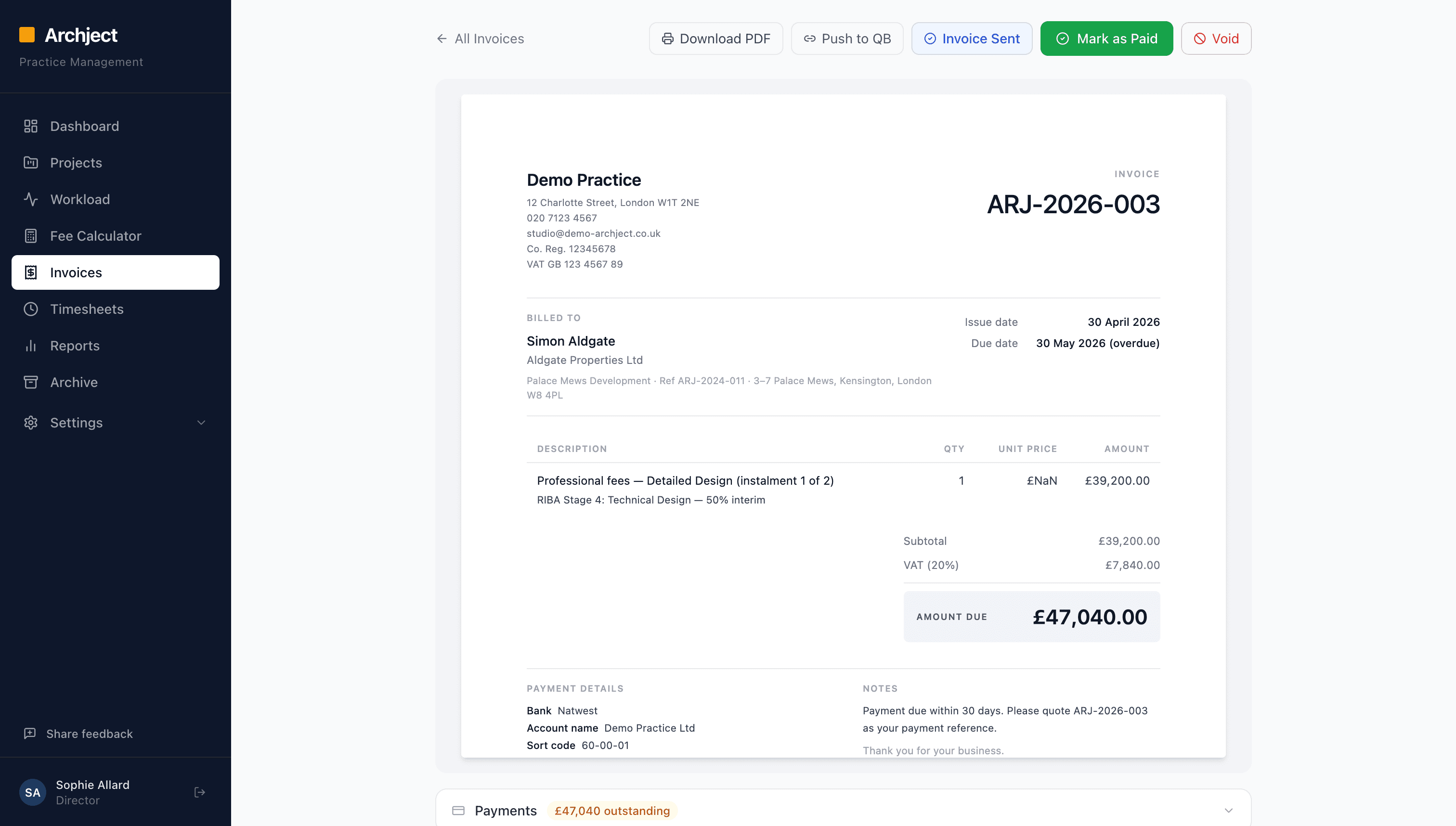 Archject invoice view showing a client-ready invoice with fee breakdown by RIBA stage