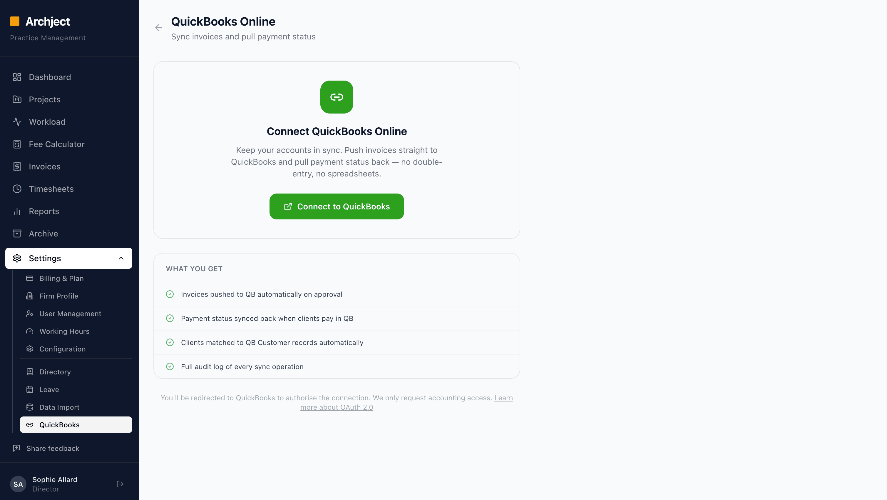 Archject QuickBooks integration settings showing connect button and sync options